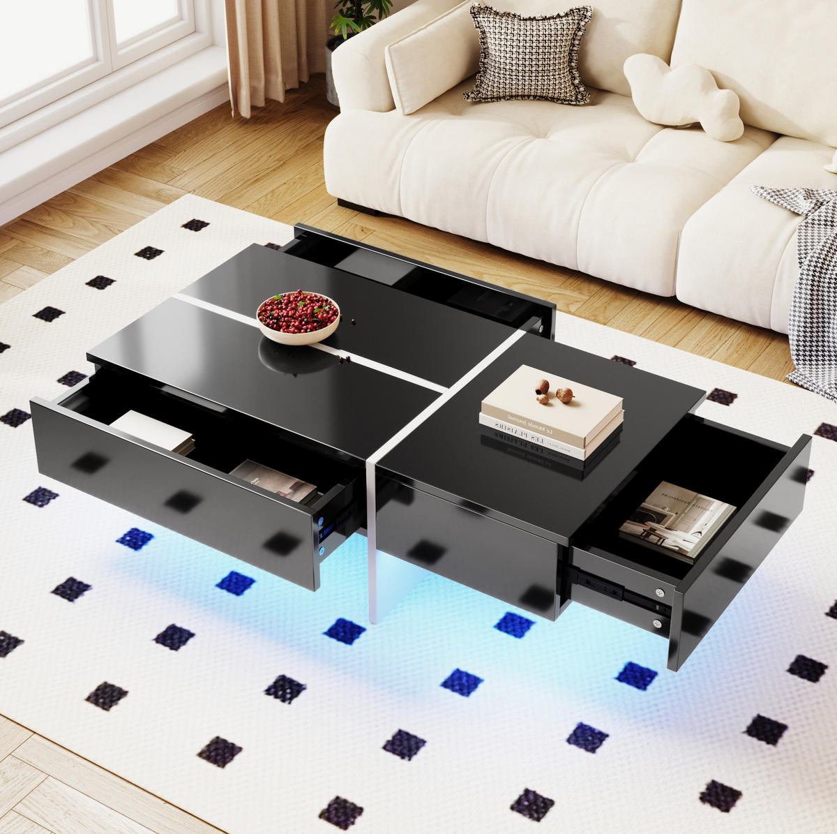 KONFERENČNÍ stolek 100/50/34,5 cm černý z dřevotřísky s LED osvětlením a 3 zásuvkami - černá, kompozitní dřevo (100/50/34.5cm) - OKWISH