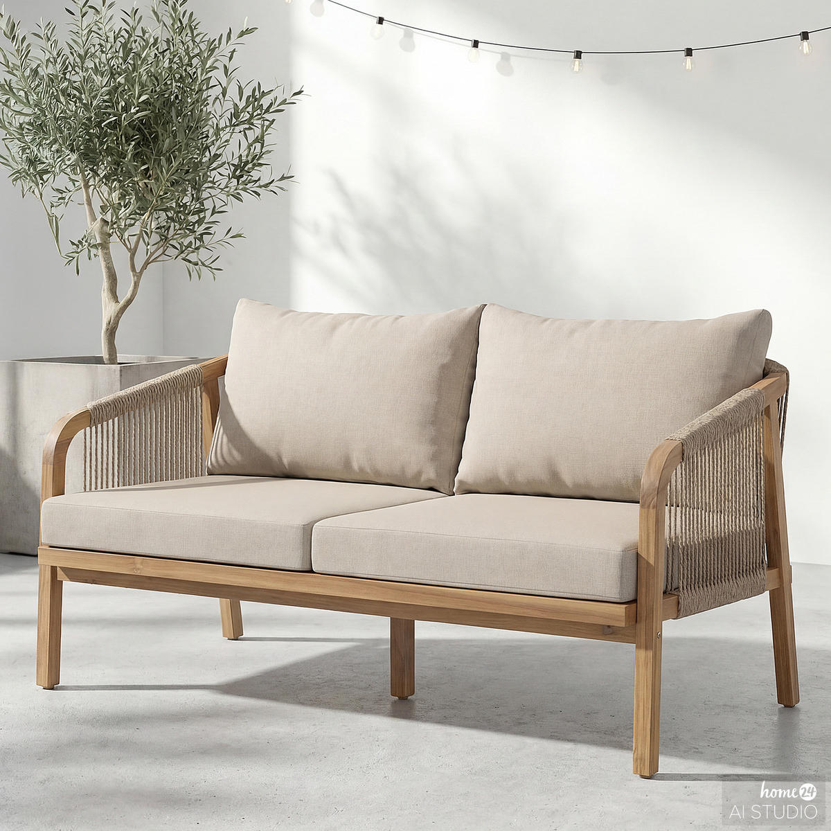 LOUNGESOFA - Akazie massiv / Webstoff - Akazie Braun / Beige - Beige, Holz/Textil (152/69/80cm) - home24