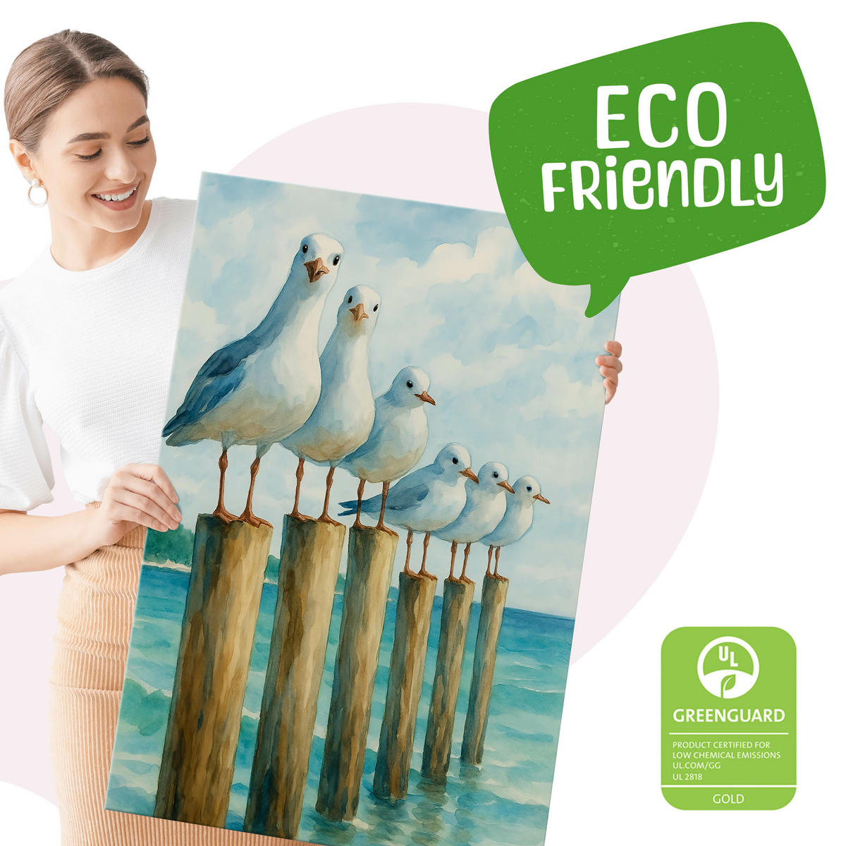 LEINWANDBILD Bemalte Möwen Meer 50/70cm - Blau/Beige, Textil (50/70cm) - Muralo