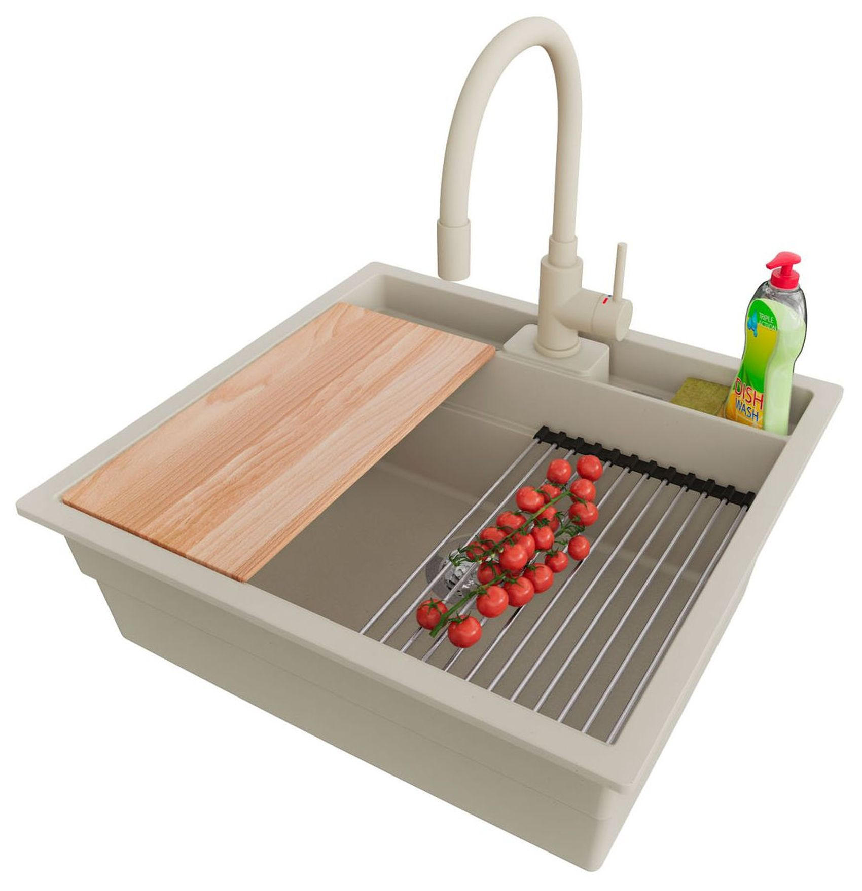 GRANITSPÜLE Bergen Pocket, 2-er set Beige 56/54 cm 1 Becken + Küchenarmatur 38/14 cm + Ablauf-Set + Küchenzubehörset ab 60er Unterschrank - Chromfarben/Beige, Kunststoff (56/20/54cm) - Primagran