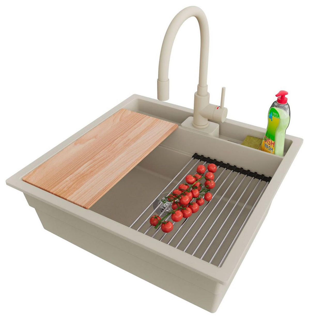 GRANITSPÜLE Bergen Pocket, 2-er set Beige 56/54 cm 1 Becken + Küchenarmatur 38/14 cm + Ablauf-Set + Küchenzubehörset ab 60er Unterschrank - Chromfarben/Beige, Kunststoff (56/20/54cm) - Primagran