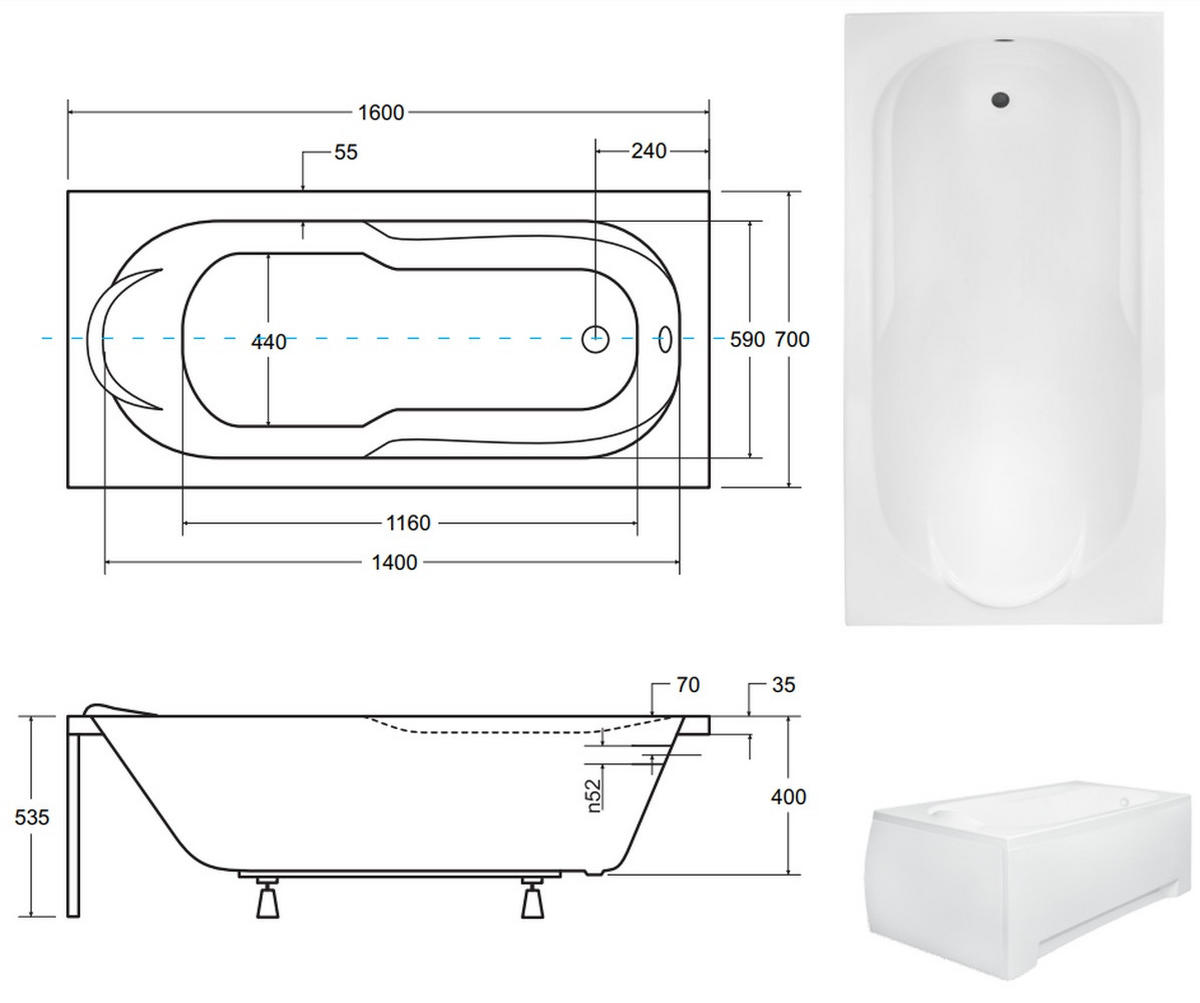 BADEWANNE Rechteck BONA 160/70 + Ablage + Kopfstütze Ablauf Füße - Weiß, Kunststoff (70/53.5/160cm) - bad land