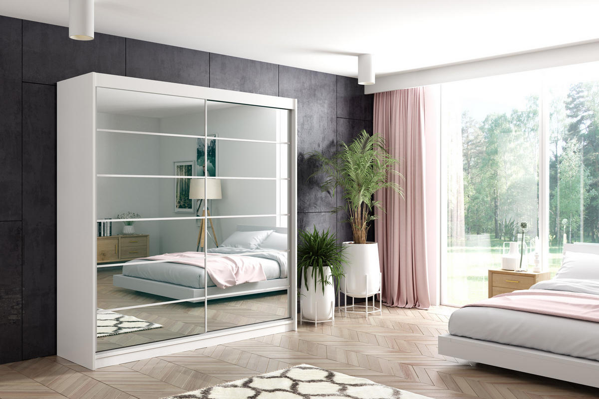 KLEIDERSCHRANK mit Spiegel-Schiebetüren und Aluminium-Leisten, LED-Beleuchtung - FLORA - 200 cm Weiß - Weiß, Holzwerkstoff (200/216/61cm) - ALTDECOR