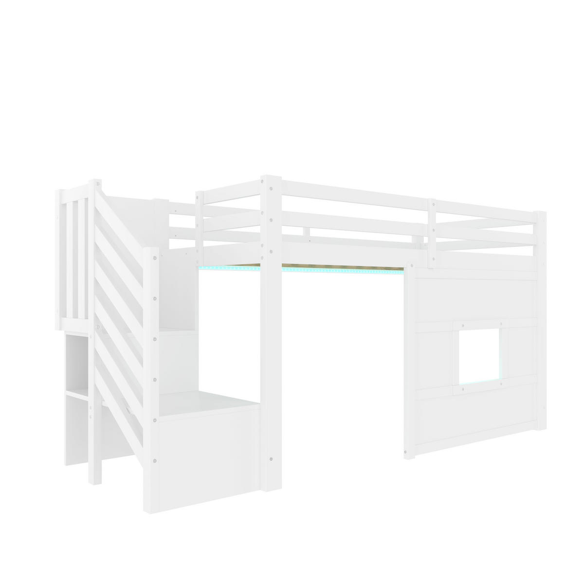 HOCHBETT 90/200 cm DE-03340, mit Stauraumtreppe, Fenster und LED, in Weiß - Weiß, Holz/Holzwerkstoff (90/200cm) - ComfortXL