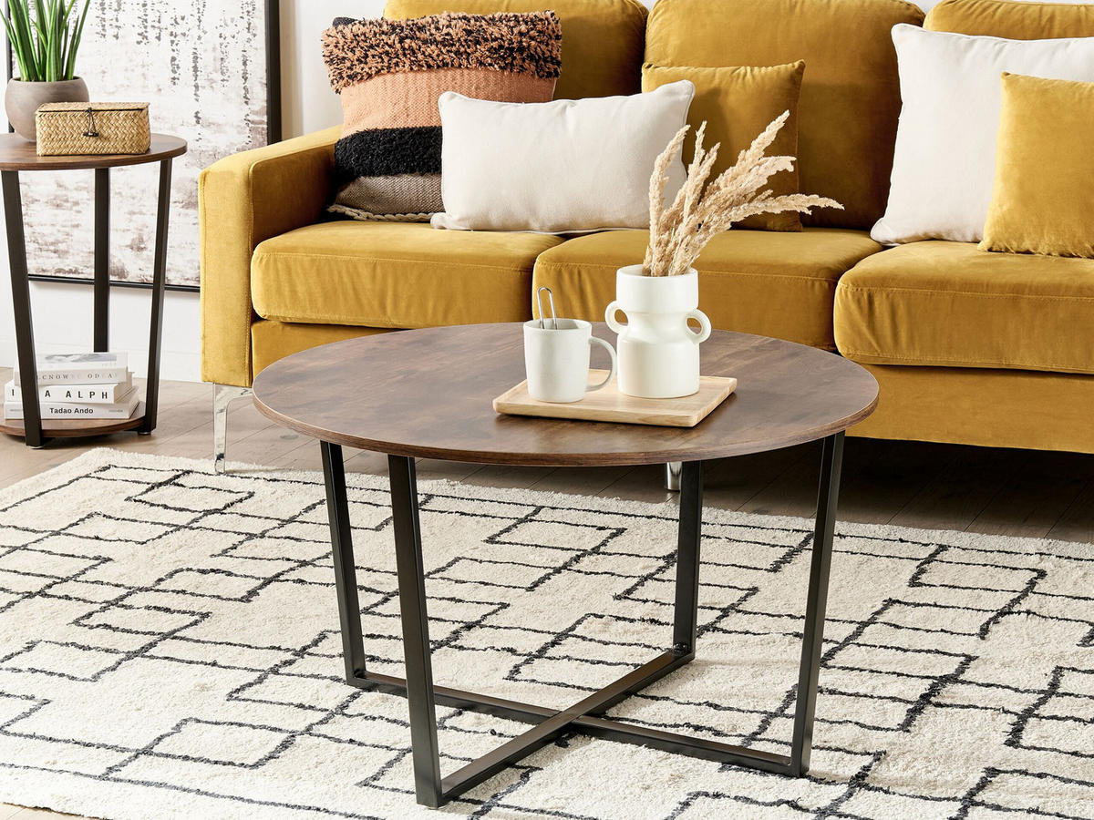 COUCHTISCH dunkler Holzfarbton/schwarz rund Orick - Dunkelbraun/Schwarz, Holzwerkstoff (80/80/47cm) - Beliani