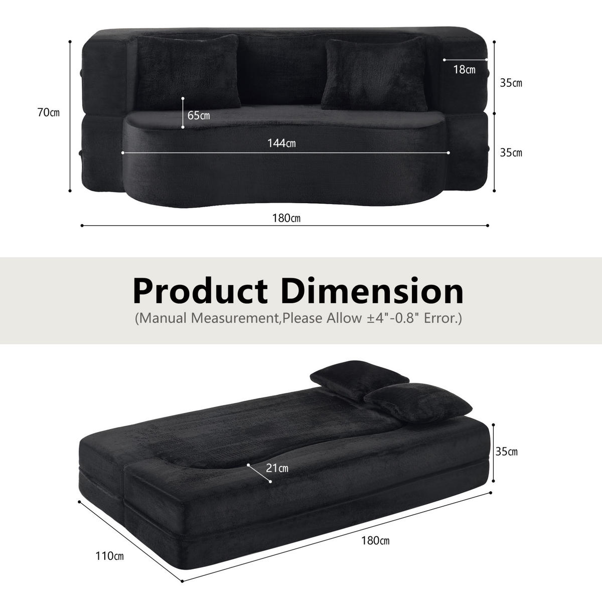 SCHLAFSOFA aus Schaumstoff Schwarz faltbar als Sofa und Gästebett mit 2 Kissen - Schwarz, Kunststoff (180/70/55cm) - Modfu