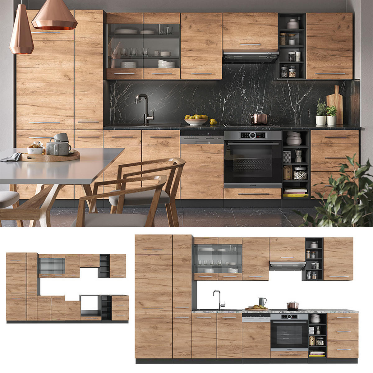 KÜCHENZEILE Fame-Line Goldkraft Eiche/Anthrazit 355 cm ohne AP - Anthrazit/Eiche Wotan, Holzwerkstoff (355/81.6/46cm) - Vicco