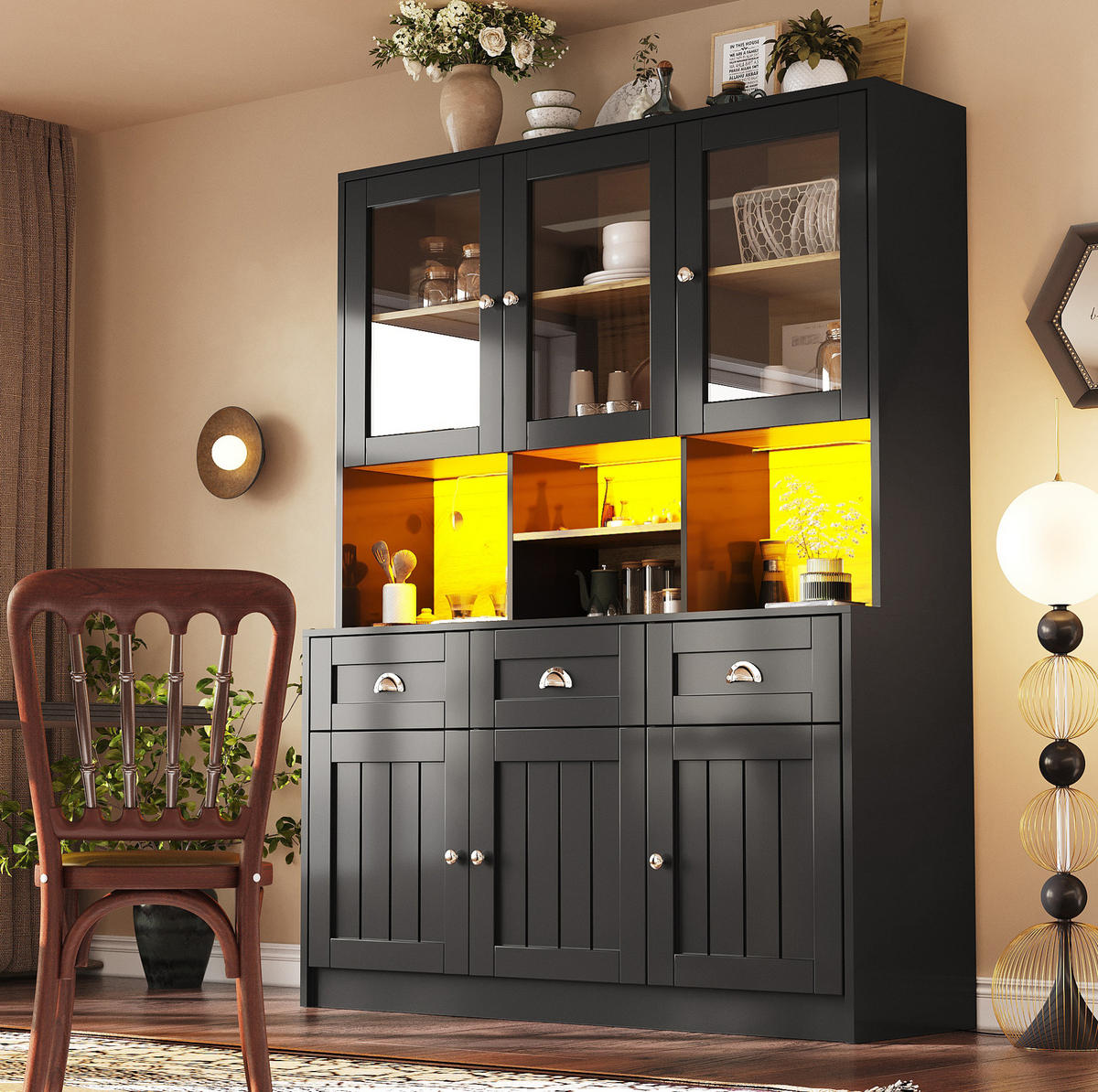 KÜCHENSCHRANK mit LED 140 x 40 x 175 cm MDF Schwarz - Schwarz, Holzwerkstoff (40/175/140cm) - Meubliv