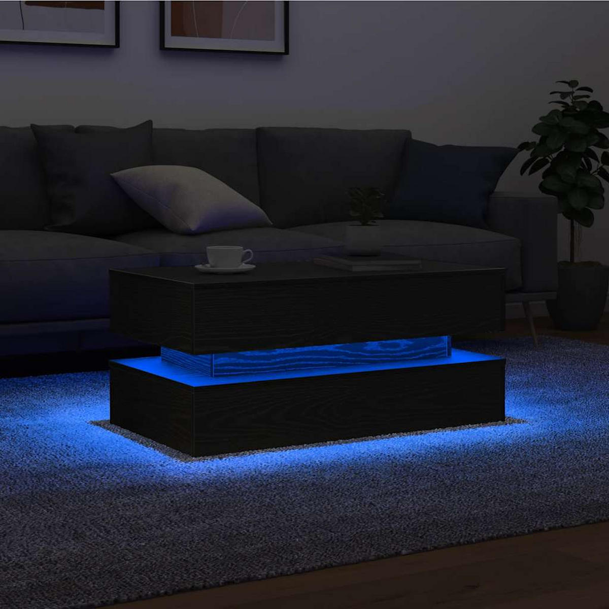COUCHTISCH Moderner 90/50/40 cm aus Holzwerkstoff Schwarz Eichen-Optik mit Led-Leuchten - Schwarz, Holz (50/90/40cm) - vidaXL
