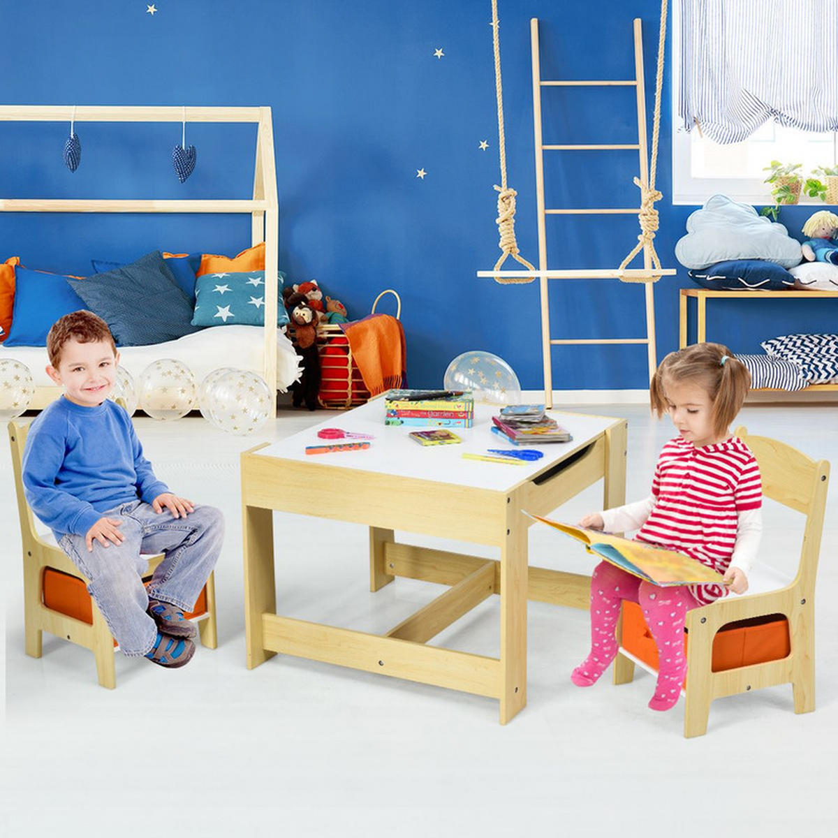 KINDERSITZ‑SET mit Stuhl natur(3-tlg) - Naturfarben, Holzwerkstoff (62/48/62cm) - COSTWAY