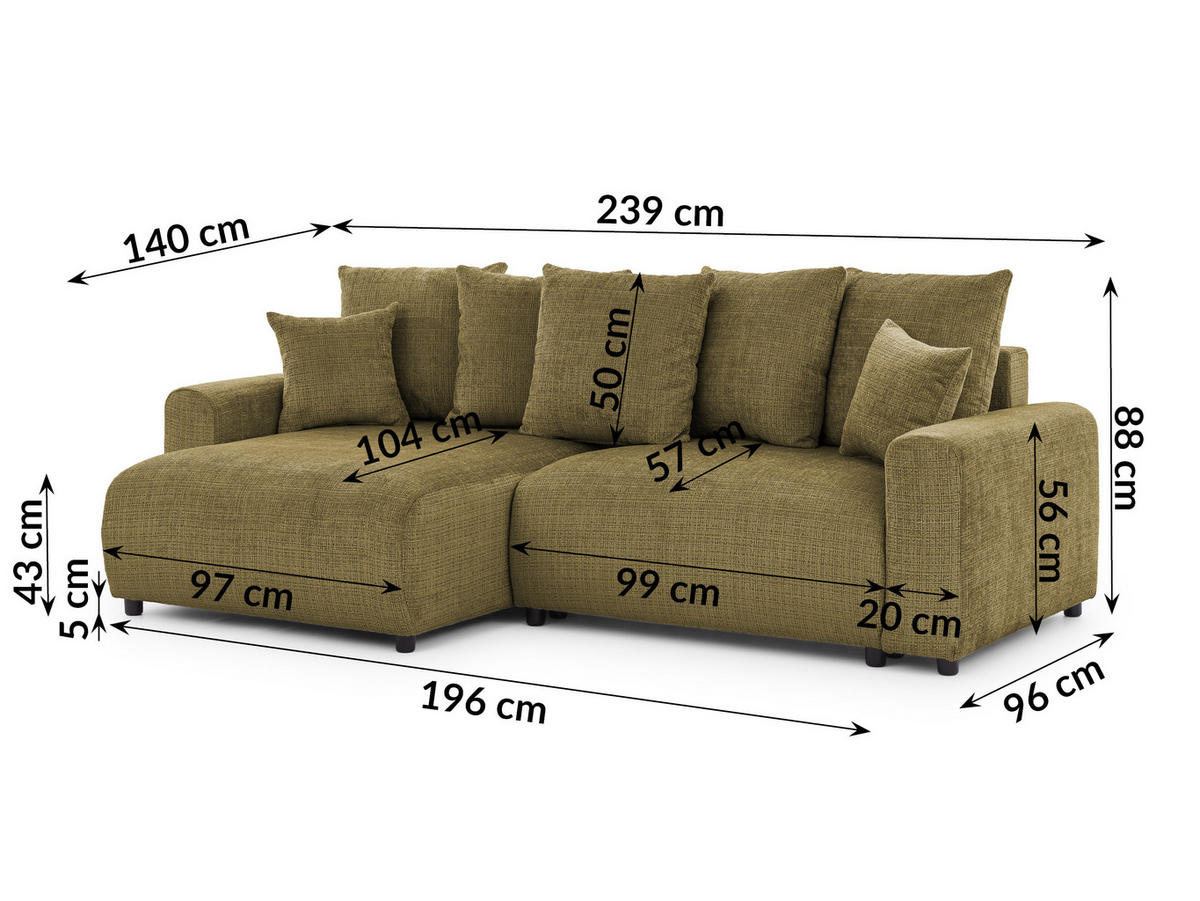 ECKSOFA Calma mit Schlaffunktion und Bettkasten im Bumpy-Design aus weichem Grün Chenille-Stoff - Ottomane links - Beige/Schwarz, Holz/Kunststoff (140/239cm) - S-Style Möbel