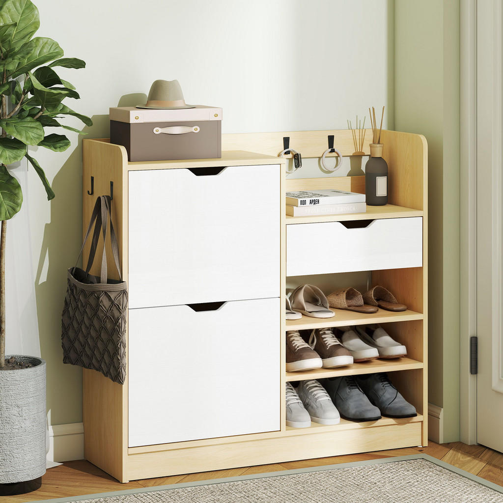 Thumbnail - Homcom Schuhschrank, Natur, Holzwerkstoff, Nachbildung, 2 Fächer, 1 Schubladen, 30x90x93 cm, Garderobe, Schuhaufbewahrun...