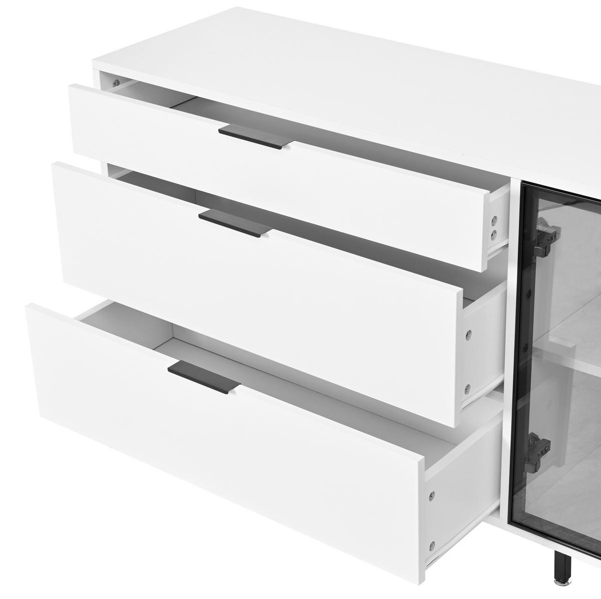 SIDEBOARD aus MDF und Spanplatte 160x36x78 cm Weiß mit LED-Beleuchtung, Glastüren und 3 Schubladen - Weiß, Holzwerkstoff (160/78/36cm) - IVMEU