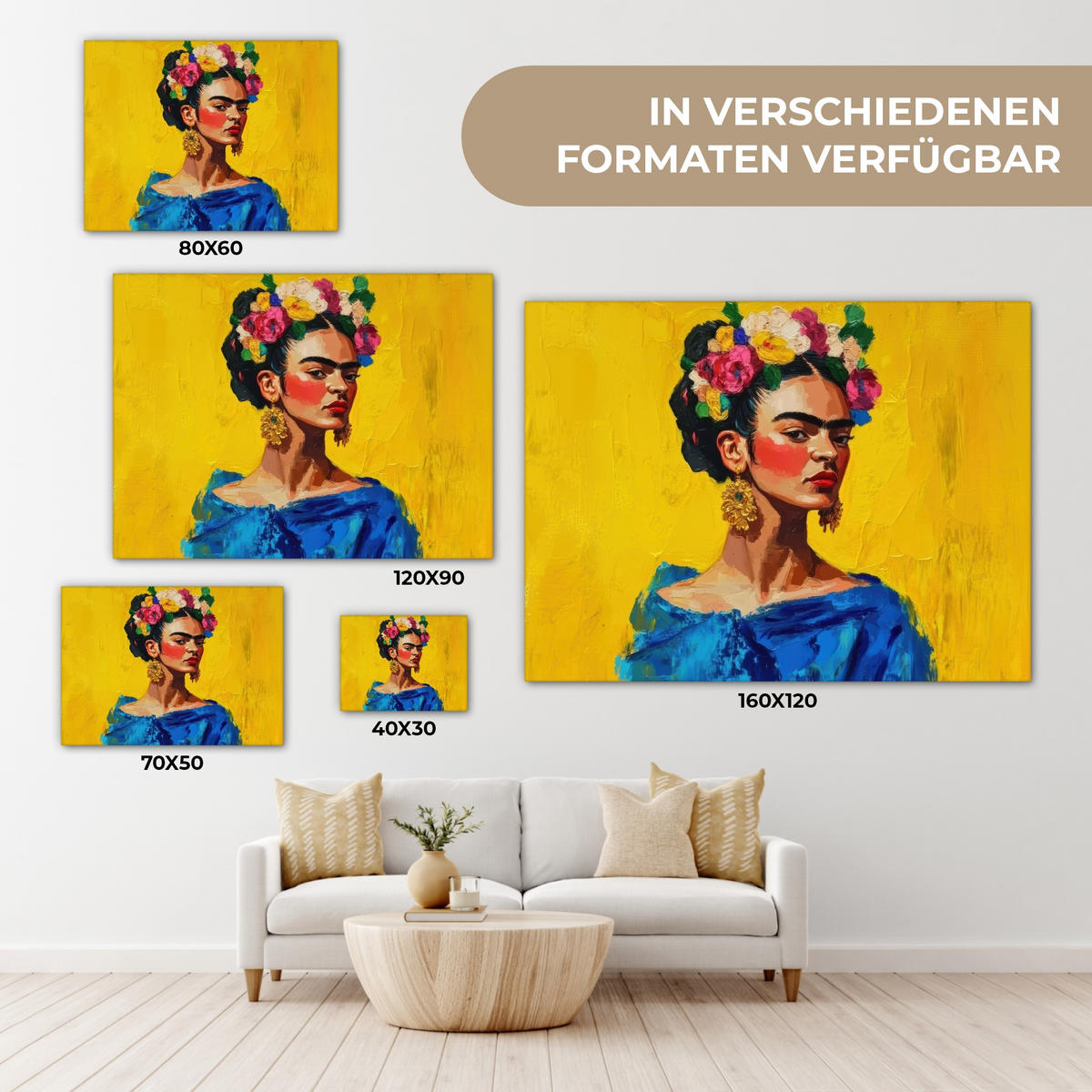 LEINWANDBILD Frida Kahlo - Frau - Gelb - Blau - Blumen Wandbilder 80x60 cm - Gelb, Textil (80/60cm) - MuchoWow