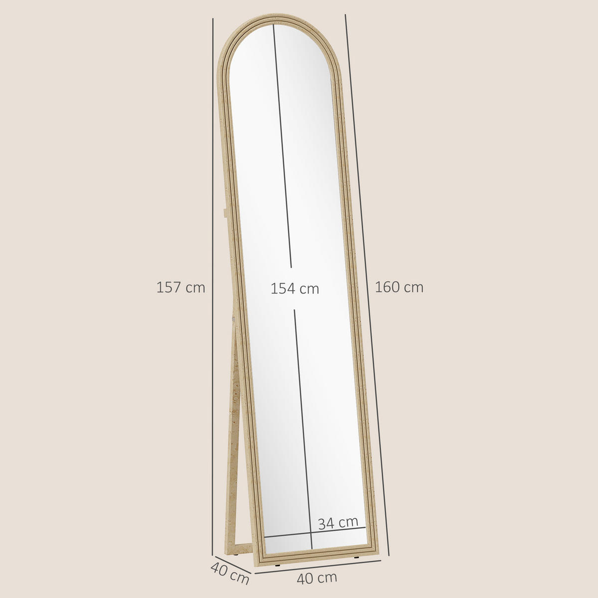 STANDSPIEGEL DE-17935 40/160 cm mit Steinimitatrahmen Beige - Beige, Glas (40/160/3.7cm) - ComfortXL