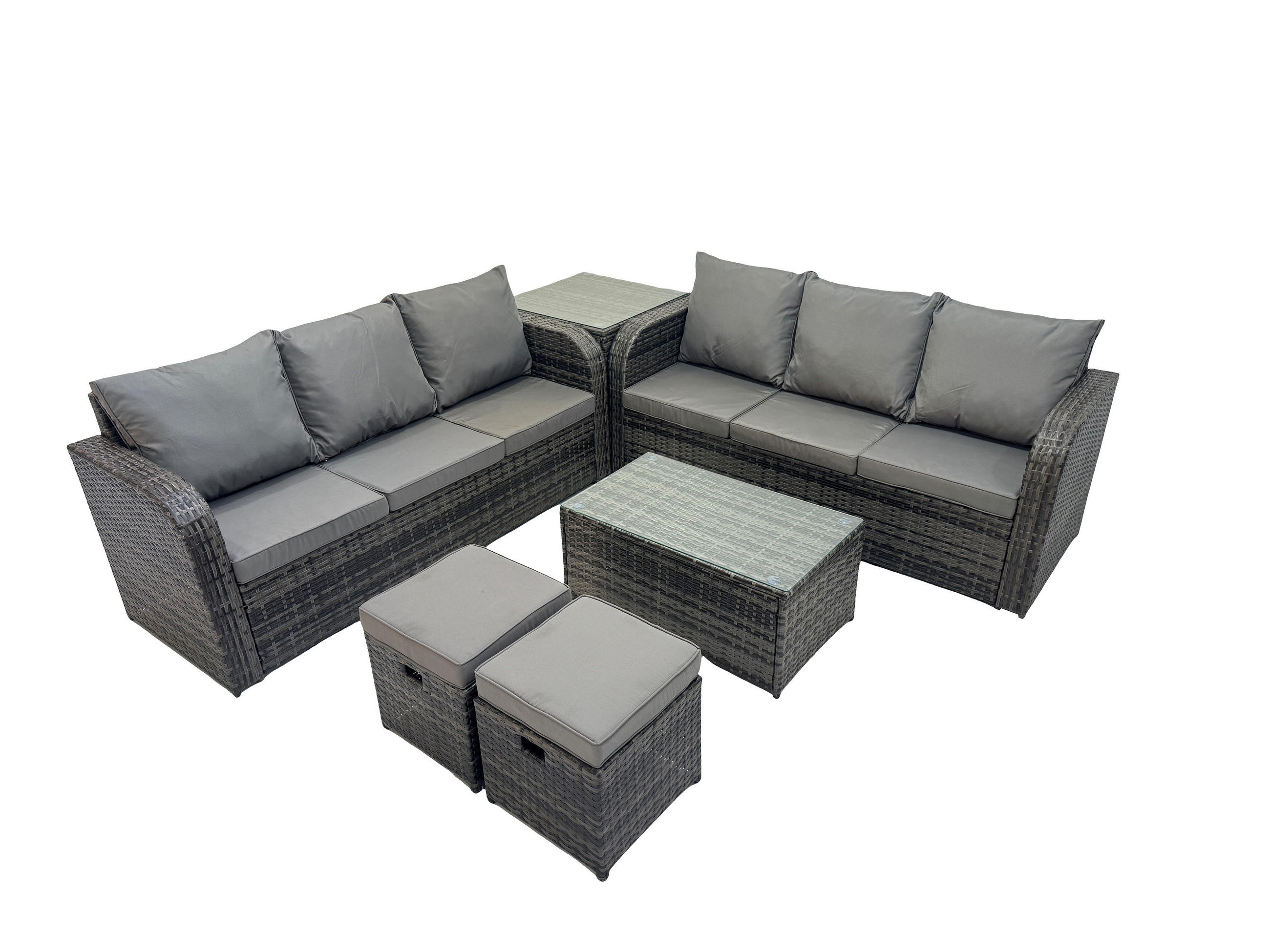GARTENMÖBEL-SET mit Kissen Polyrattan Dunkelgrau 8-Sitzer - Dunkelgrau/Grau, Glas/Kunststoff - Fimous