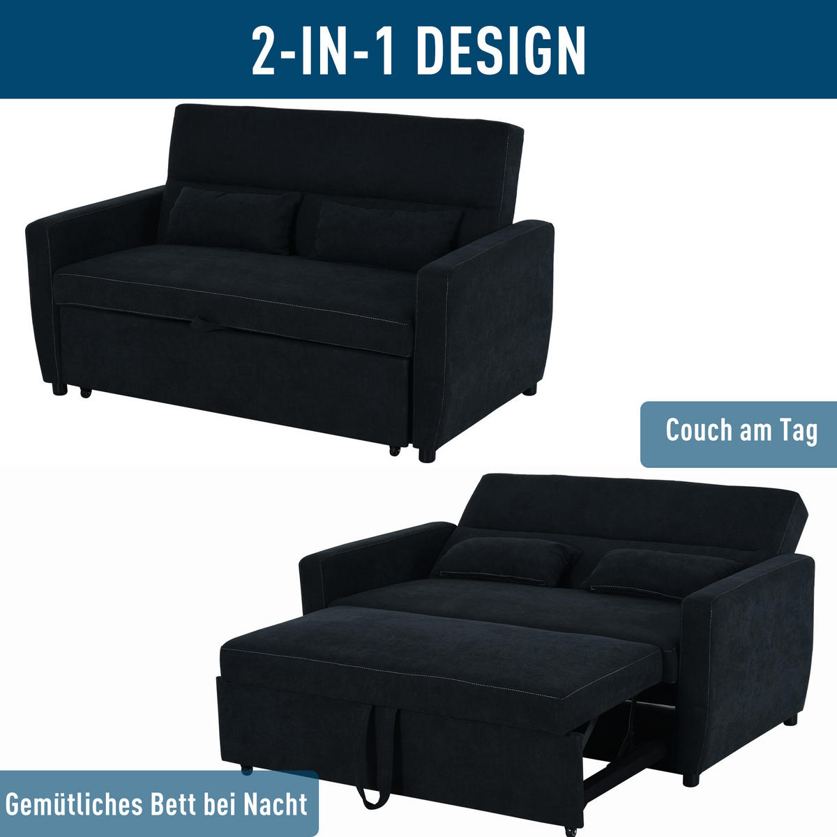 SCHLAFSOFA, Eukalyptusholz, Schwarz - Schwarz, Holz (90/88.5/155cm) - HOMCOM