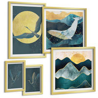 BILDER SET 5er Set - 50x50 cm & 20x30 cm & 40x60 cm Goldrahmen - Vögel, Kraniche, Mond, Berge - Goldfarben, Kunststoff (40/60cm) - TULUP