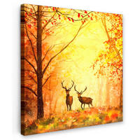 LEINWANDBILD Natur - Ölfarbe - Hirsche - Tiere - Herbst - Orange 20x20 cm - Orange, Textil (20/20cm) - MuchoWow