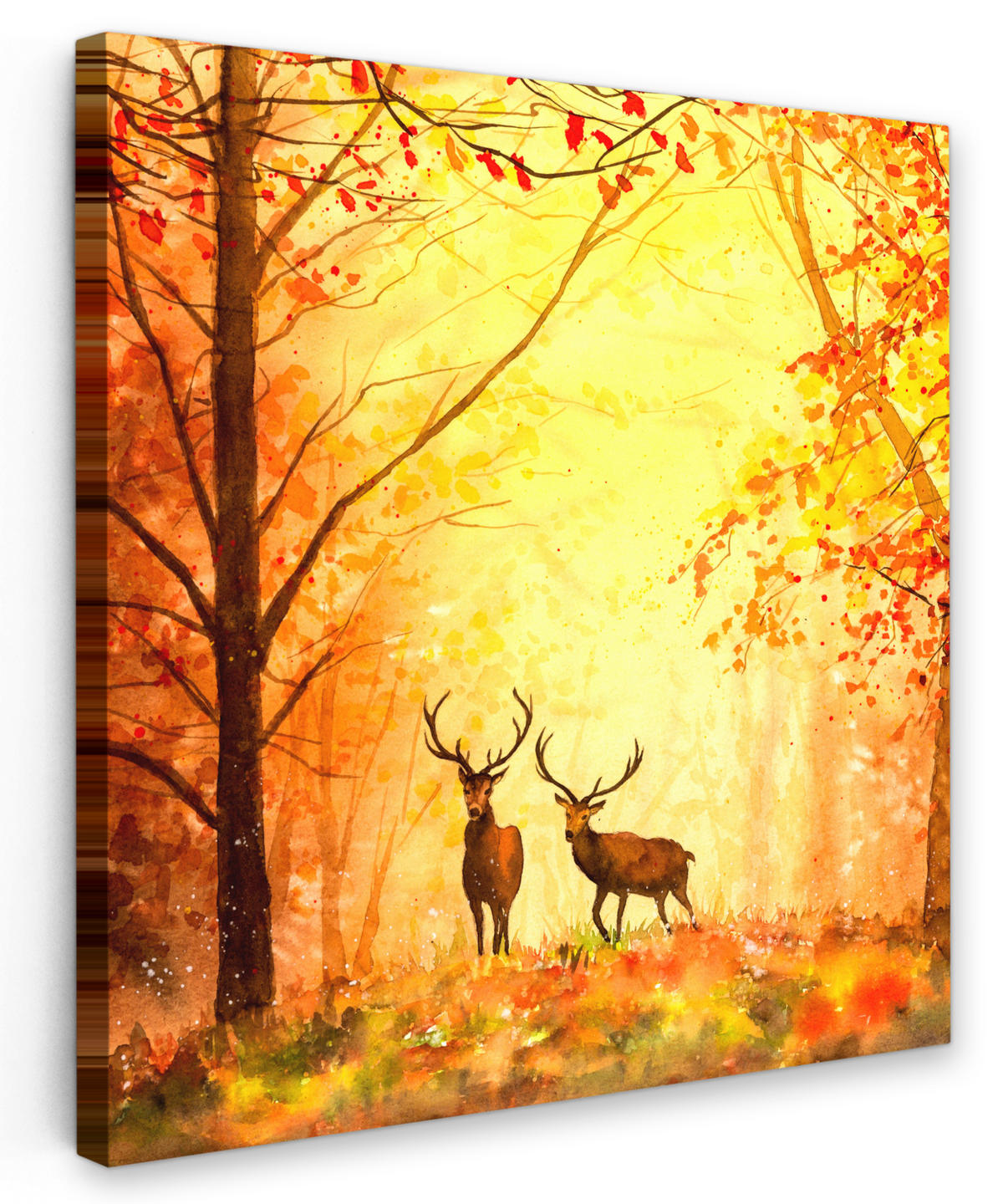 LEINWANDBILD Natur - Ölfarbe - Hirsche - Tiere - Herbst - Orange 20x20 cm - Orange, Textil (20/20cm) - MuchoWow
