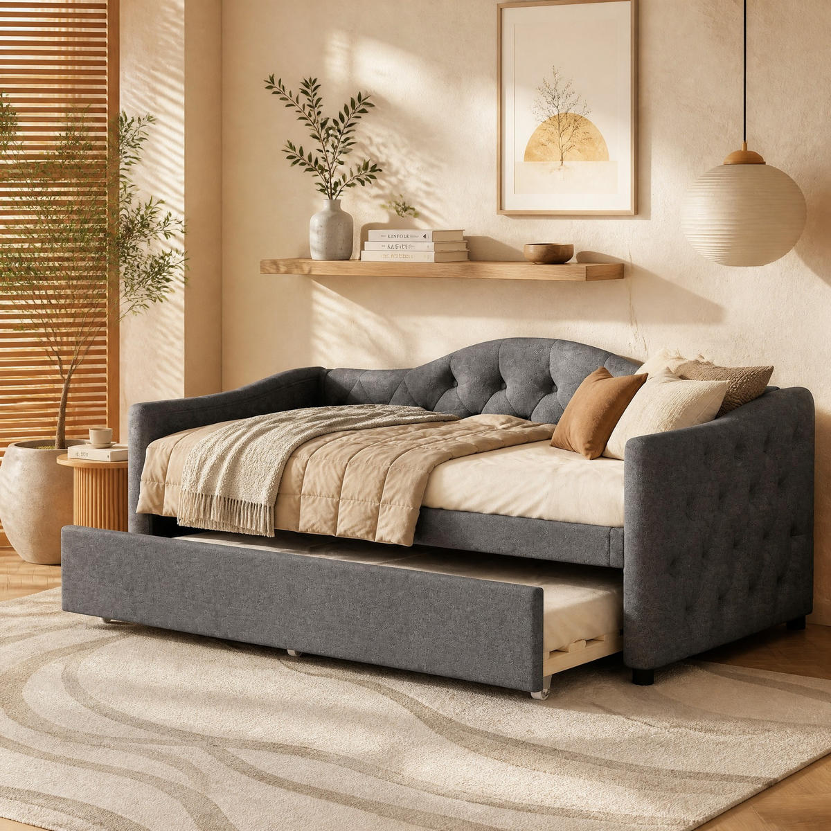 POLSTERBETT 90/200 mit Ausziehbett aus Leinen und MDF in Grau - Grau, Holzwerkstoff/Textil (90/200cm) - EVRYAE