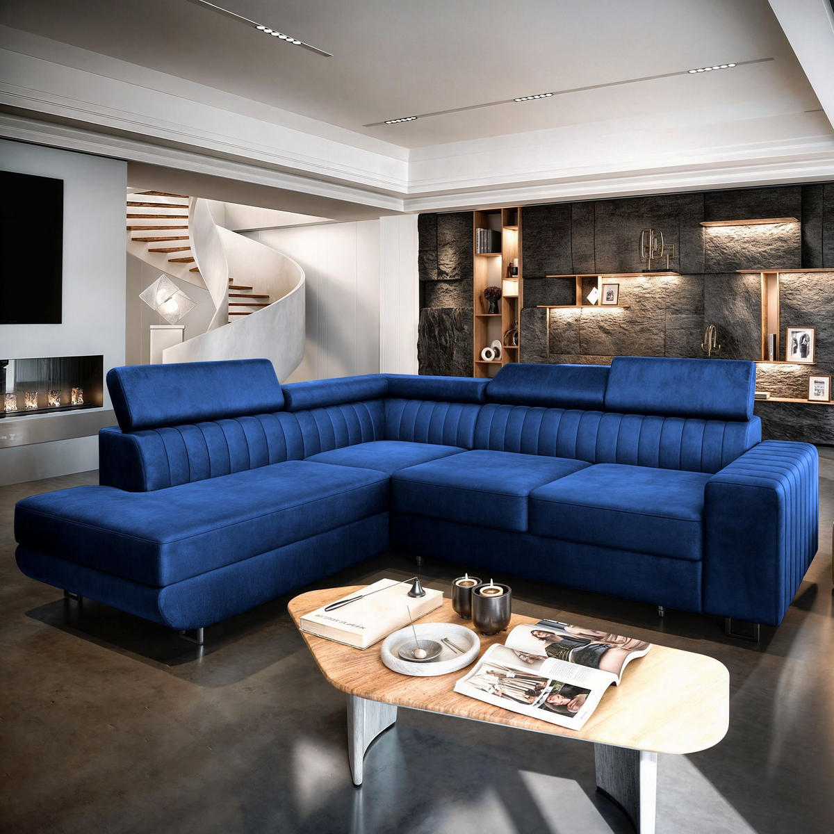 ECKSOFA NOLA L-S Blau Velours-Stoff mit Schlaffunktion - Blau, Holz (253/190cm) - MASSENO