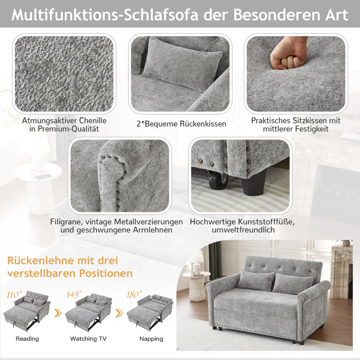 SCHLAFSOFA Grau mit Ausziehbett und 3-fach verstellbarer Rückenlehne, Chenille - Schwarz/Grau, Holzwerkstoff/Kunststoff (120/82/170cm) - CHICFURN