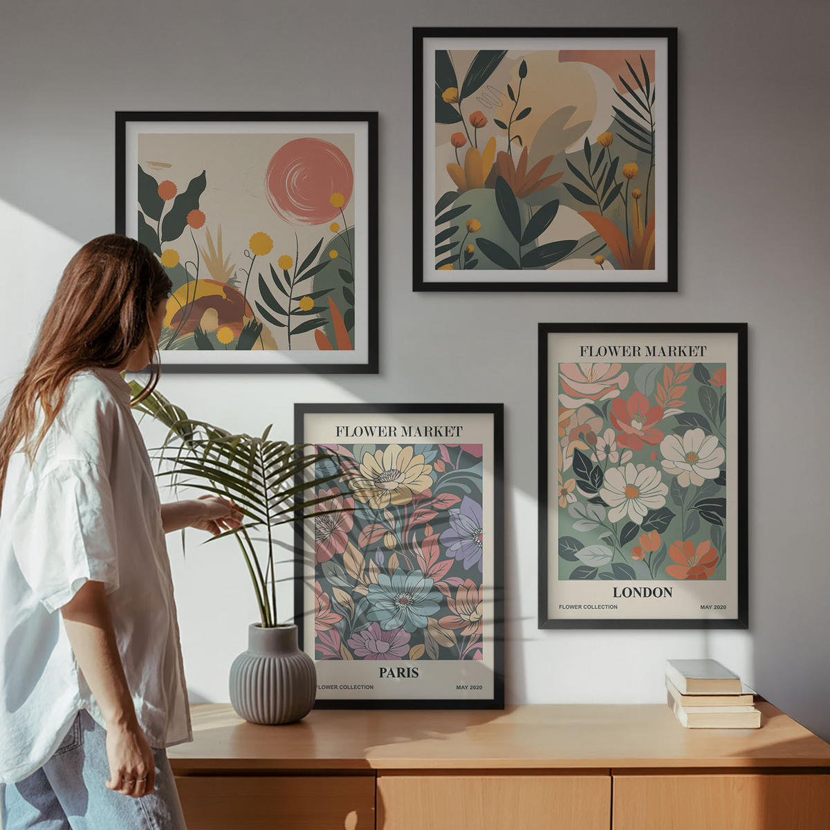 WANDBILDER 4er-Set - 50x50 cm & 40x60 cm Schwarzer Rahmen - Blumenposter Paris London - Schwarz, Kunststoff (50/50cm) - ArtPrintCave