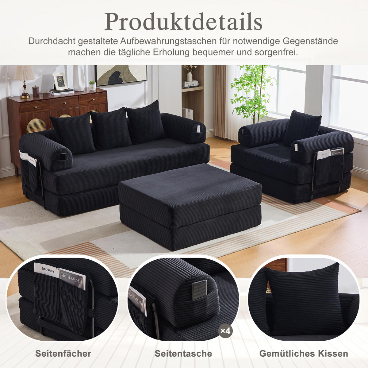 3-SITZER aus Cord 200x94x67 cm Schwarz mit Hocker, Metallgestell, Seitentasche und frei kombinierbaren Modulen - Schwarz, Textil (200/67/190cm) - Modfu