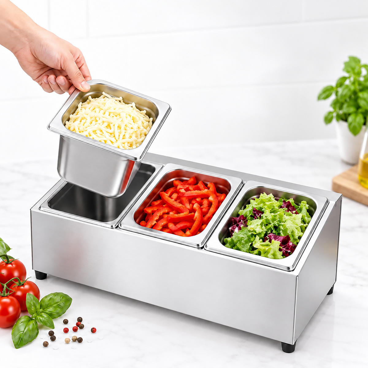 ZÁSOBNÍK Stříbrná 3-dílný nerez s víkem 52 cm - stříbrná, kov/plast - Relaxdays