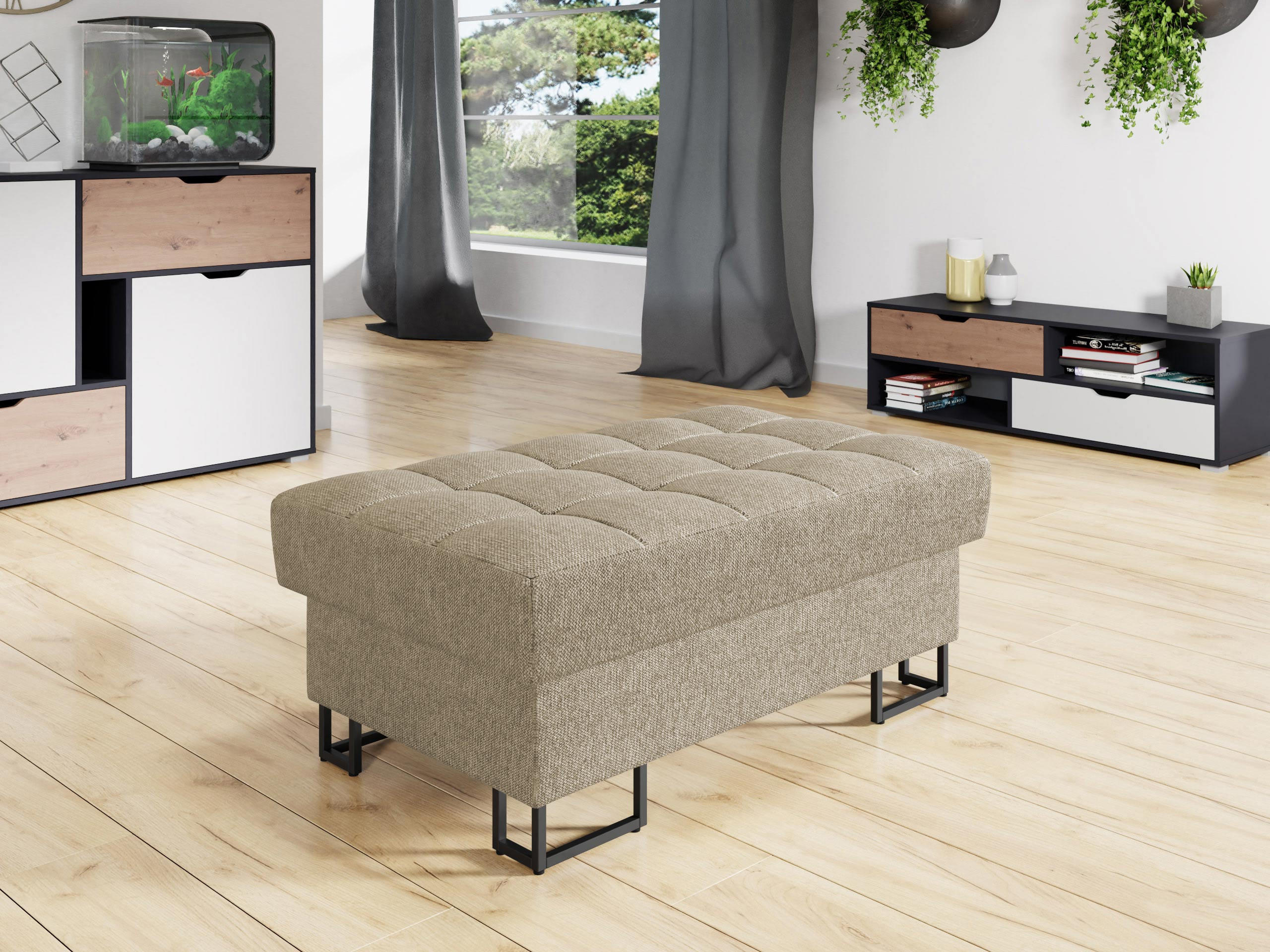 POLSTERHOCKER Laris - Schwarz/Naturfarben, Holz/Textil (106/44/67cm) - MIRJAN24