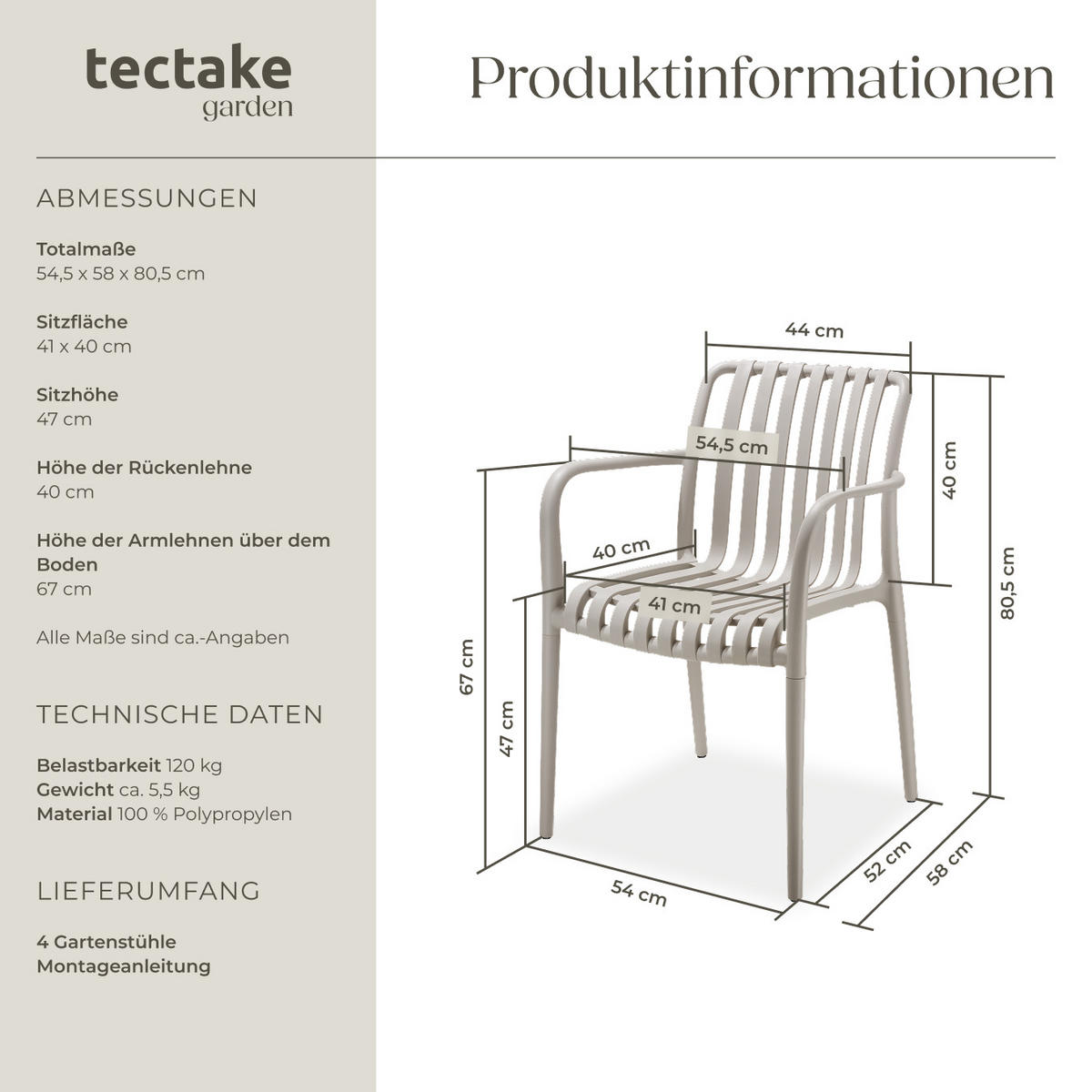 GARTENSTÜHLE Alcudia,54,5 x 58 x 80,5 cm, Belastbarkeit 120 kg, taupe - Taupe, Kunststoff/Textil (54.5/80.5/58cm) - tectake