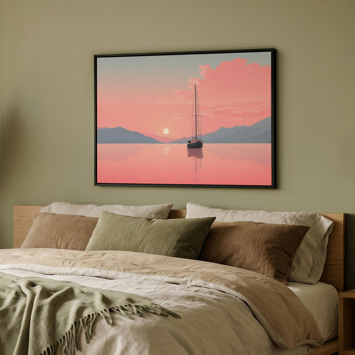 LEINWAND Bilder mit Rahmen - Segelboot - Rosa Meer - Sonnenuntergang - Berge - 80x60 - Rosa, Textil (80/60cm) - MuchoWow