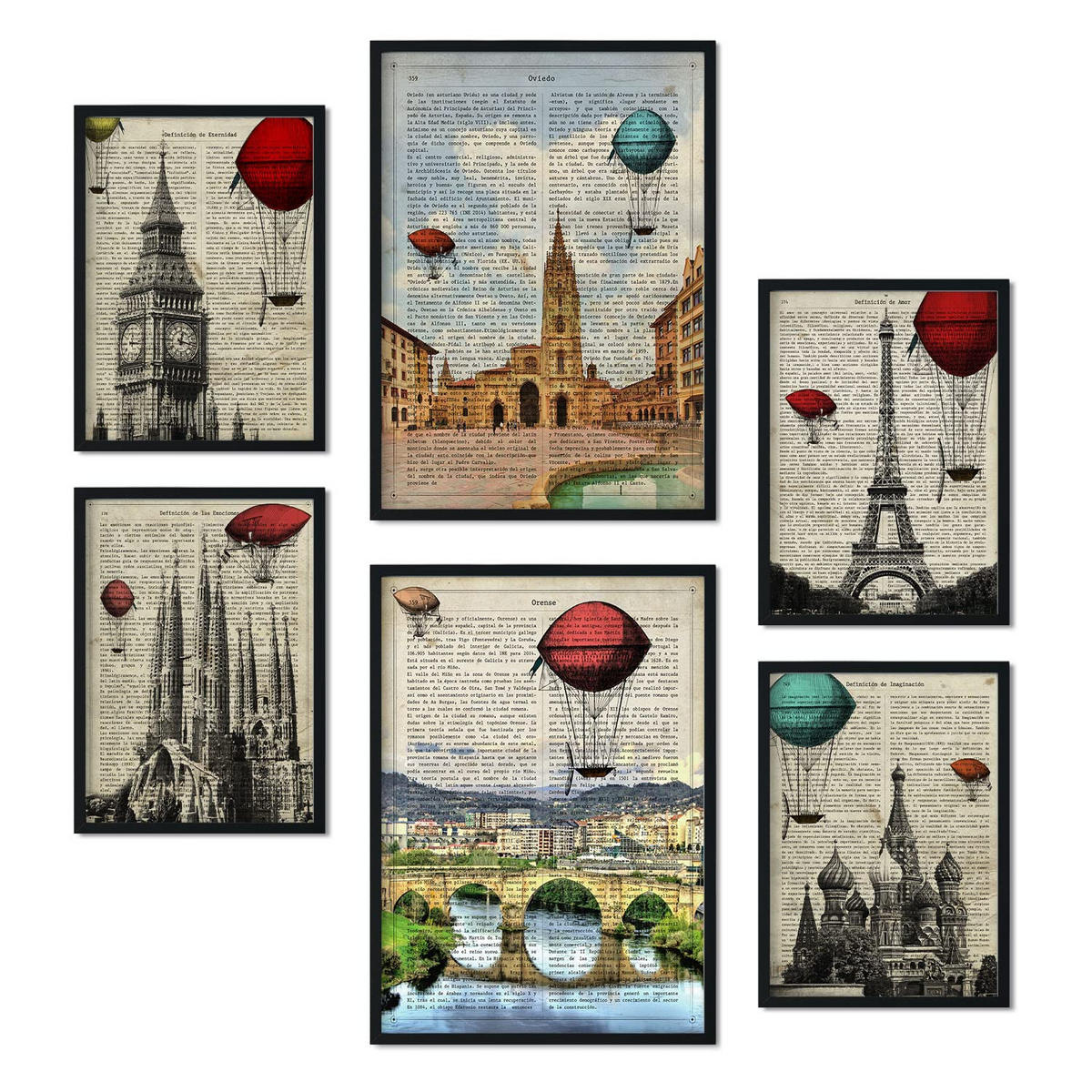 POSTER Set Mit 6 Von Vintage Cities Sammlung A3 & A4 Schwarzer Rahmen - Schwarz, Papier (29/3cm) - Nacnic