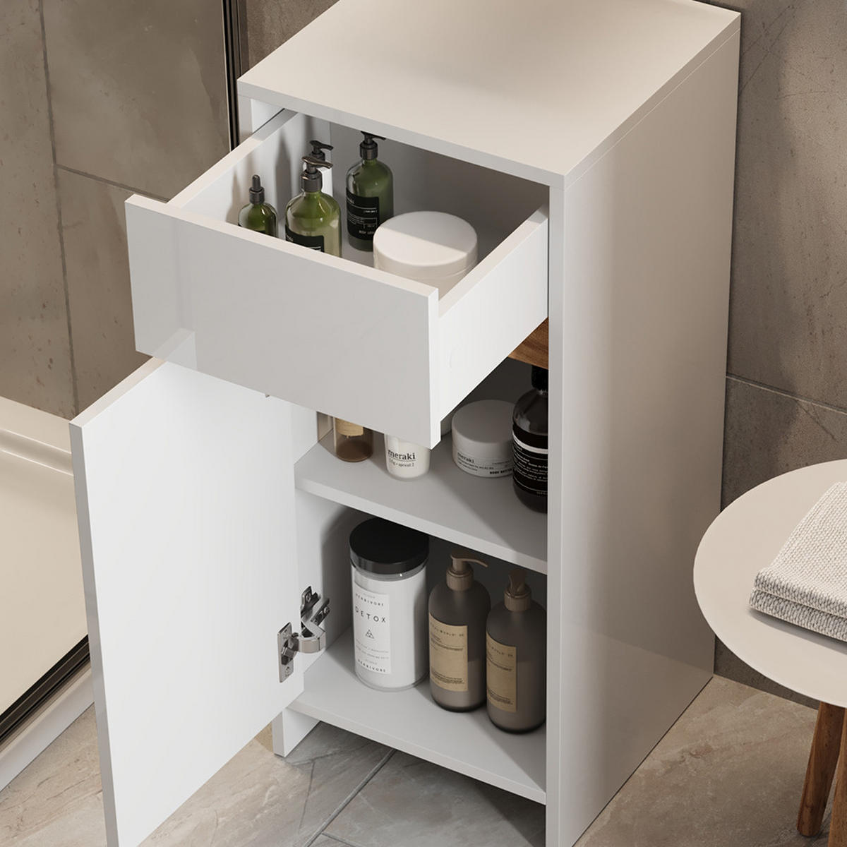 MIDISCHRANK Detmold Weiß Hochglanz/Eiche 35x82 cm mit Tür und Schublade - Honigeiche/Weiß Hochglanz, Holzwerkstoff (35/82/35cm) - Vicco
