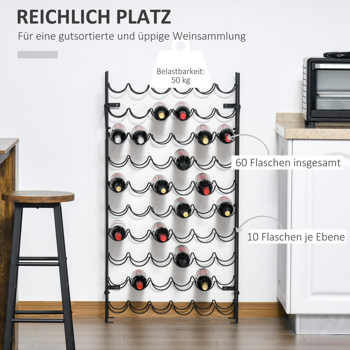 WEINREGAL, Eisen, Stahl, Schwarz - Schwarz, Metall (205/118/63cm) - HOMCOM