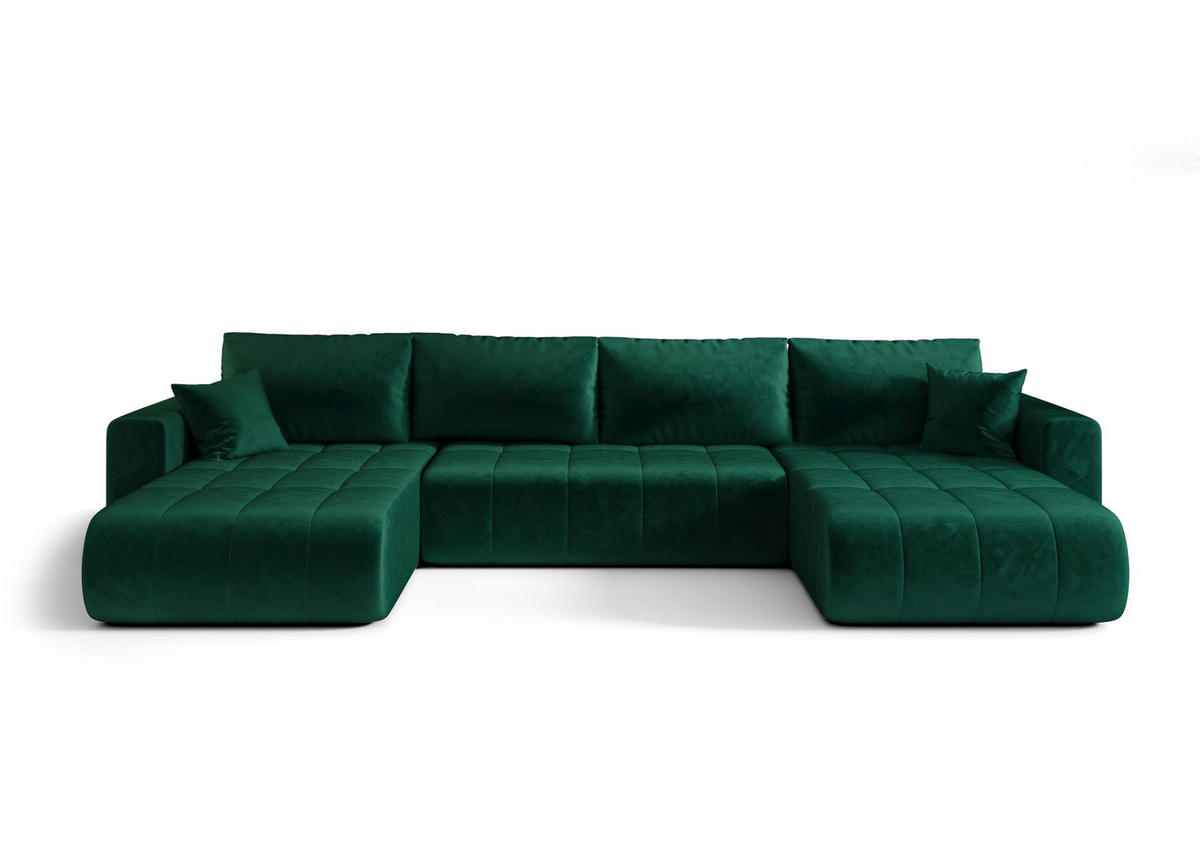 WOHNLANDSCHAFT LARA U-Form grün Velours Monolith 37 - Schlaffunktion, Bettkasten - Grün, Textil (385/85/175cm) - Cornero