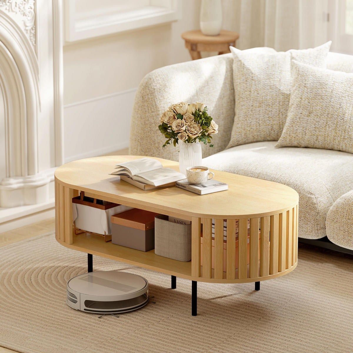 COUCHTISCH DE-15825 Lamellen-Design mit zwei Ablagen Naturholz - Naturfarben, Holzwerkstoff (100/50/40cm) - ComfortXL