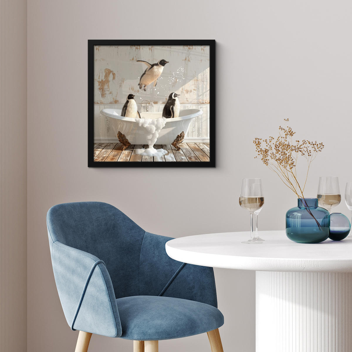 ZARÁMOVANÝ PLAGÁT Vintage - Tučniak - Vaňa - Pena 40x40 cm - čierna, papier (40/40cm) - MuchoWow
