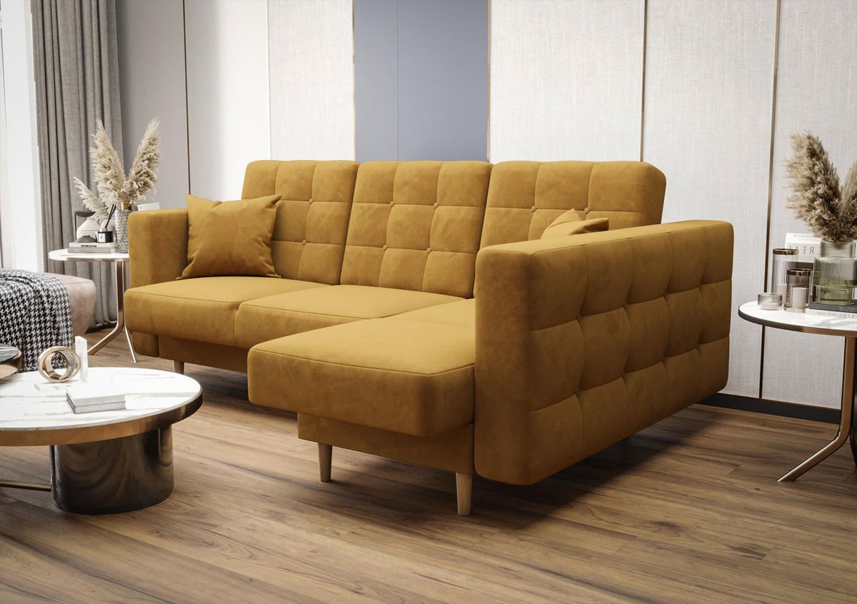 ECKSOFA KONGO RBN12, Eckcouch in L-Form mit Schlaffunktion, Farbe: Gelb, Velourstoff, Ottomane Rechts - Gelb, Textil (225/158cm) - O-Sofa