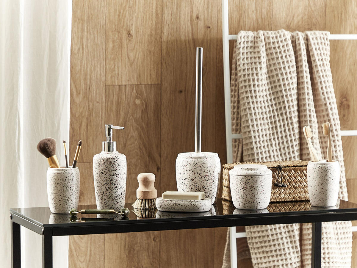 BADEZIMMER Set 6-teilig Keramik weiß Terrazzo Optik Palmilla - Rot/Schwarz, Stein (13/20/11cm) - Beliani