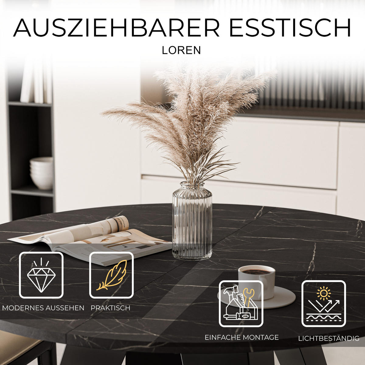 ESSTISCH ausziehbar auf MDF, Schwarz - Schwarz, Holzwerkstoff (90/90/76cm) - Idohome