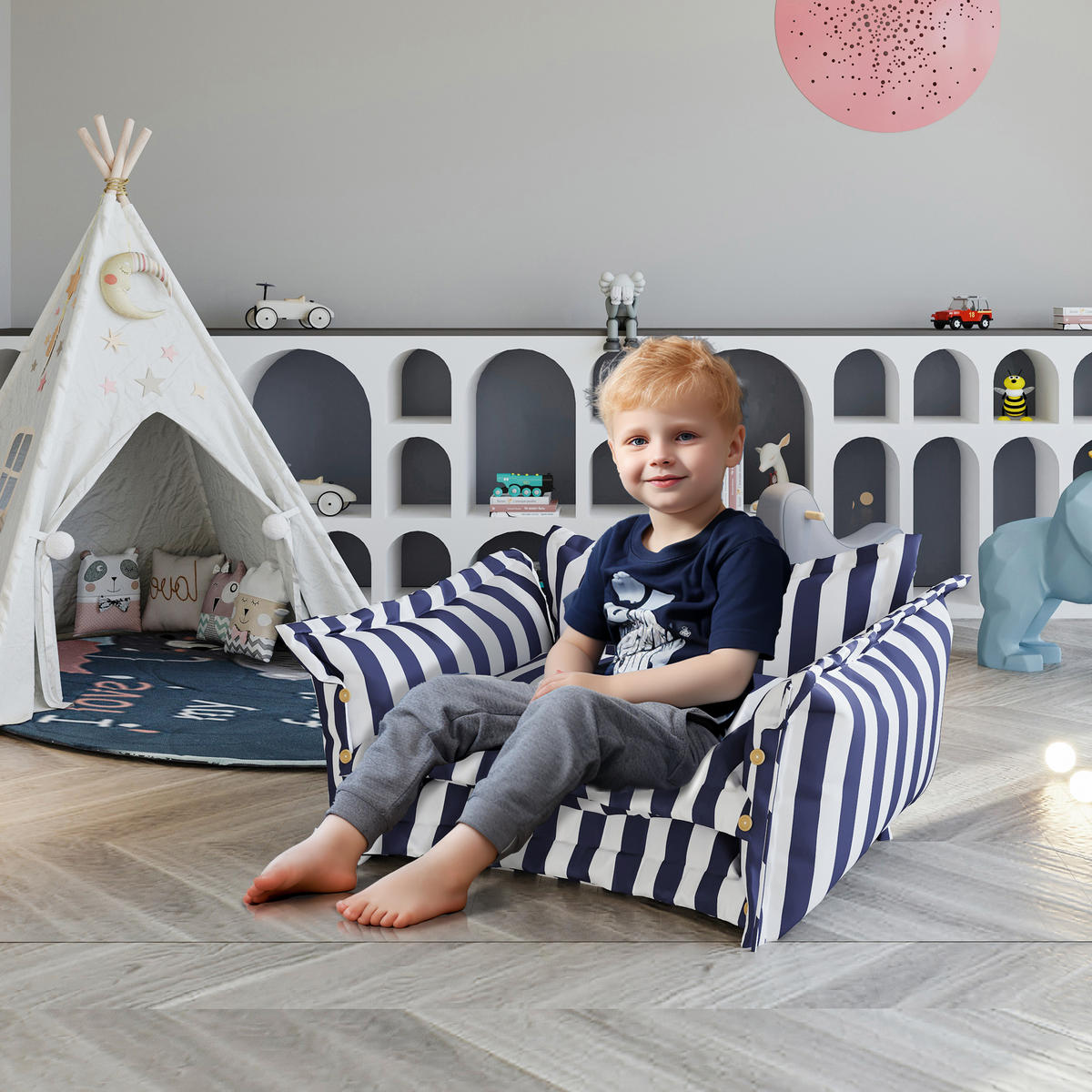 BODENKISSEN für Kinder Streifen - Blau/Weiß, Textil (80/55/65cm) - Vercart