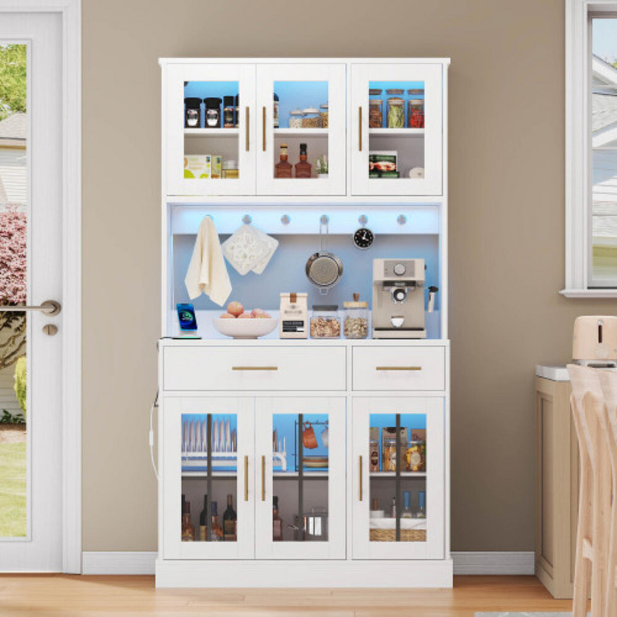 KÜCHENHOCHSCHRANK weiß aus MDF mit App-LED-Beleuchtung und ESG-Glastüren 100×40×180 cm - Weiß, Holzwerkstoff (100/180/40cm) - Luhomfu