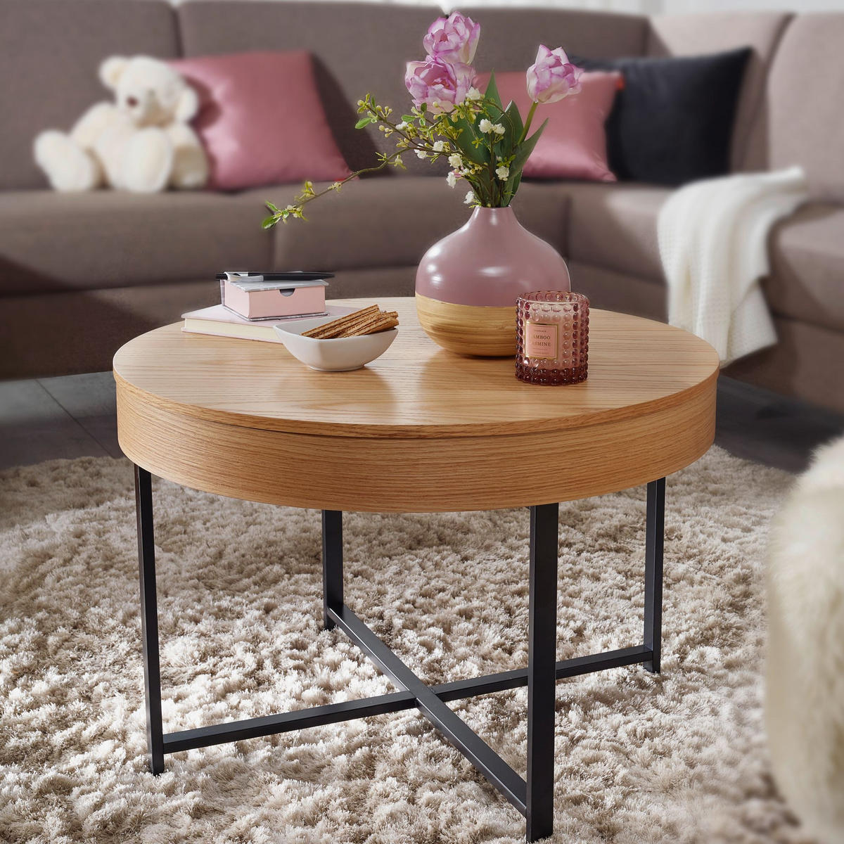 COUCHTISCH in Holzoptik mit Metallbeinen, Rund, Stauraumfunktion, Maße 69x49x69 cm - Schwarz/Braun, Holz/Metall (69/69/49cm) - KADIMA DESIGN