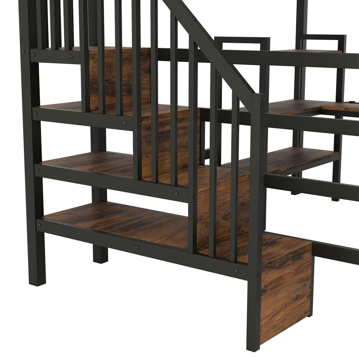 HOCHBETT MDF Metall 140x200 cm Schwarz mit Schreibtisch, Stauraumtreppe, Regal, LED und Ladestation - Schwarz, Holzwerkstoff (140/200cm) - Modfu