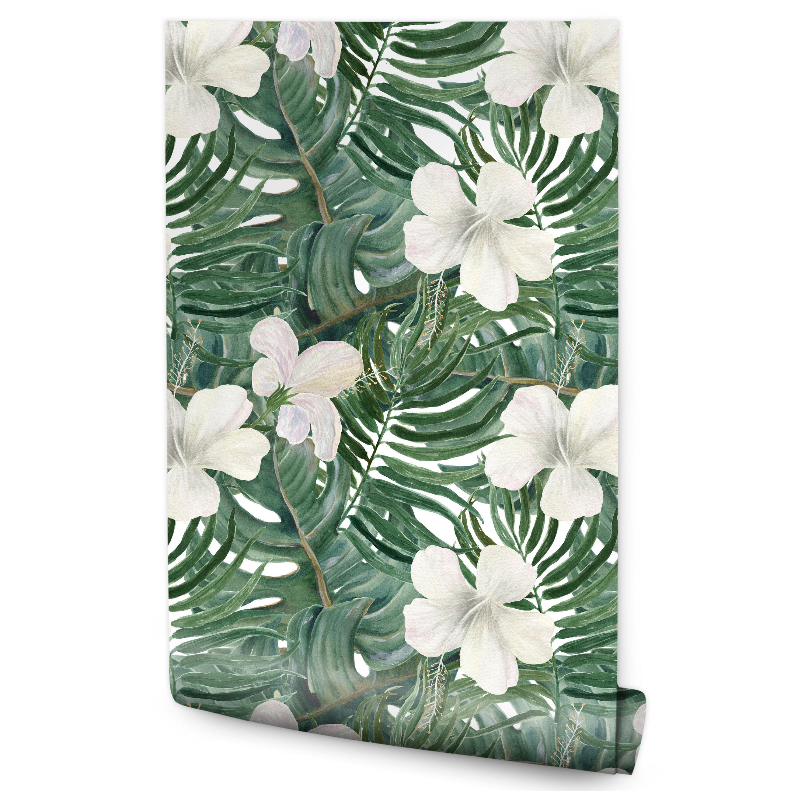 VLIESTAPETE Monstera und Hibiskusblüten – Grün, Weiß – 50x1000 cm - Weiß/Grün, Papier (50/1000cm) - Muralo