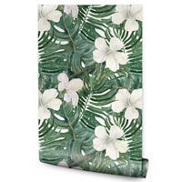VLIESTAPETE Monstera und Hibiskusblüten – Grün, Weiß – 50x1000 cm - Weiß/Grün, Papier (50/1000cm) - Muralo