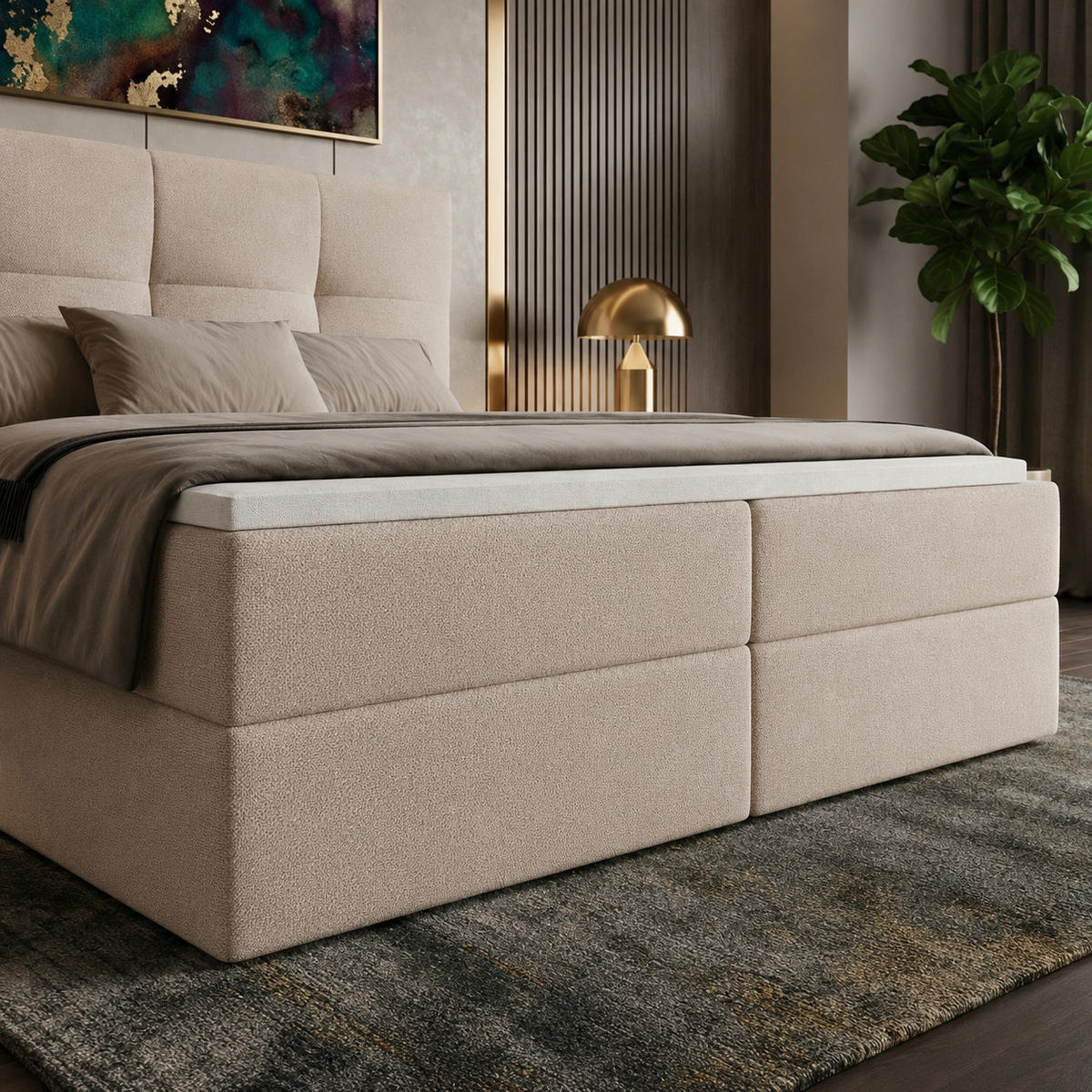 BOXBETT MORENO mit Bettkasten 180x200 cm inkl. Bonell-Federkernmatratze H3 und Topper – Polsterbett Stoff ASTI Creme - Creme, Textil (180/200cm) - Luxkor24