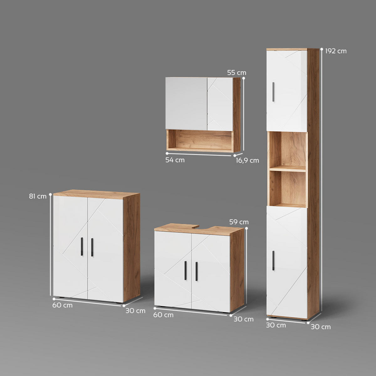 BADMÖBEL-SET Ronco Weiß Hochglanz/Goldkraft Eiche 4 Teile, mit Hochschrank und Kommode - Honigeiche/Weiß Hochglanz, Holzwerkstoff (60/59/30cm) - Livinity®